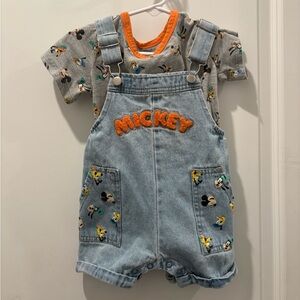 Vintage Disney Mickey Mouse Denim Overalls Romper Baby's 18M Blue Embroidered
